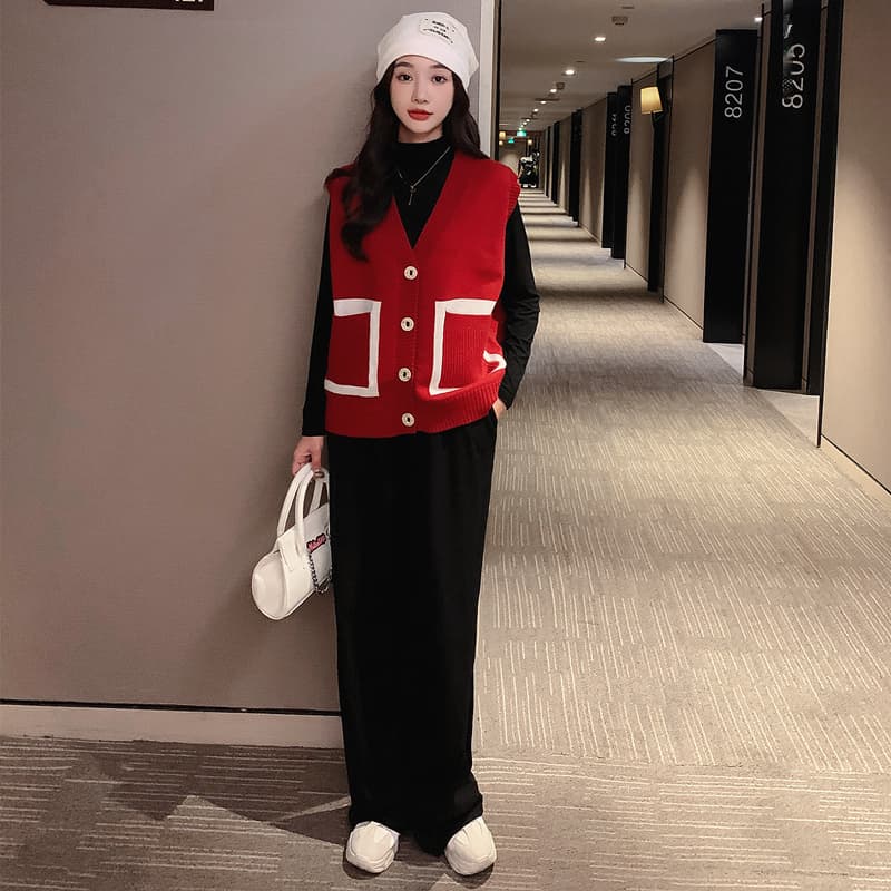 ニットベスト 配色デザイン前開きニットベスト