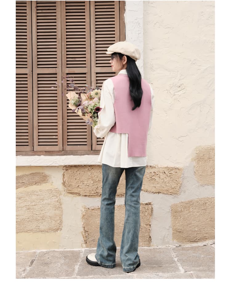 ニットベスト レイヤード風シンプル短丈　アシンメトリーニットベスト