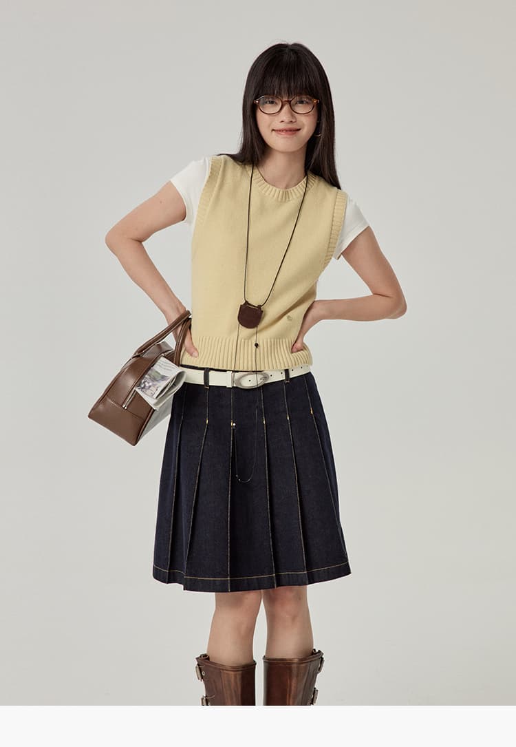 ニットベスト シンプル丸首ショートニットベスト