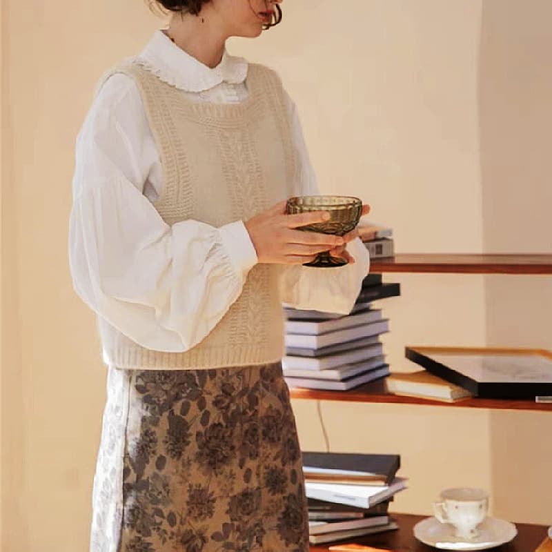 白ニットベスト ケーブル編み レディース 重ね着 ジレ