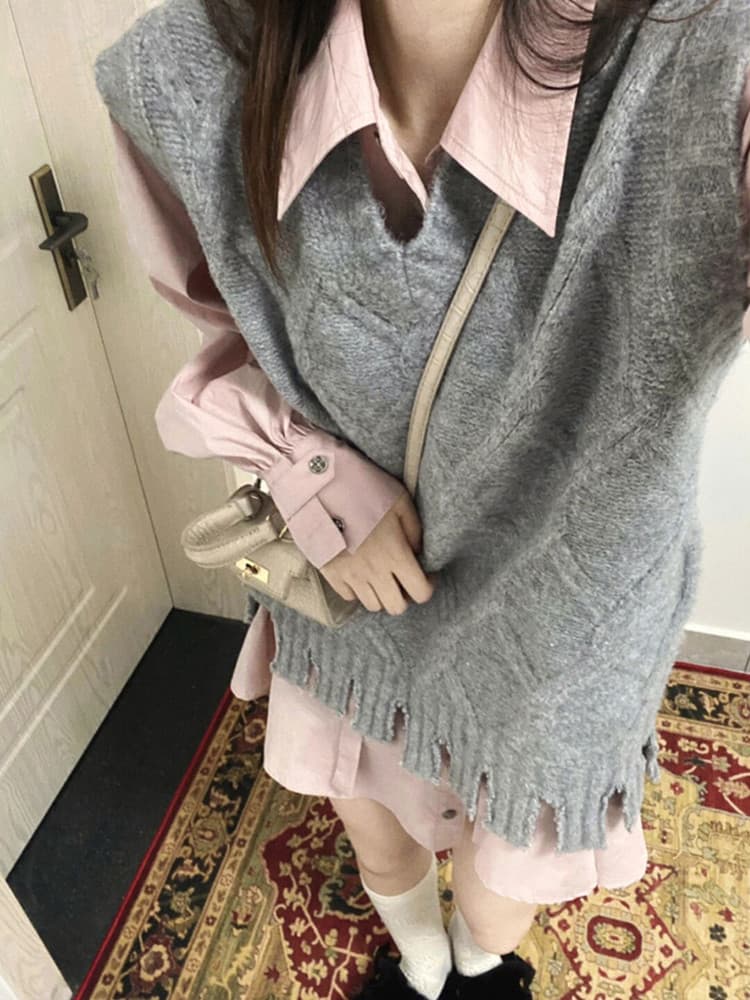 ニットベスト フリンジ裾 菱模様　ニットベスト＆ワンピースセット