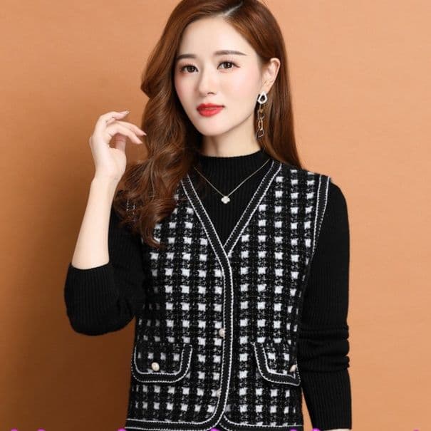 ニットベスト 格子模様パイピングニットベスト