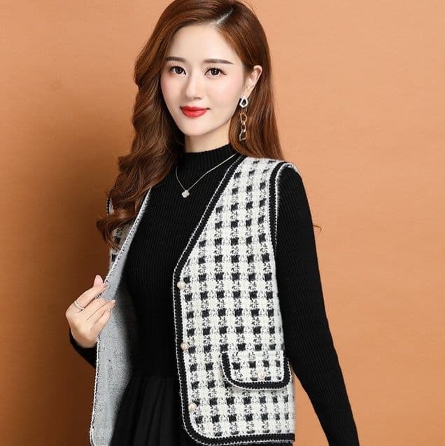 ニットベスト 格子模様パイピングニットベスト