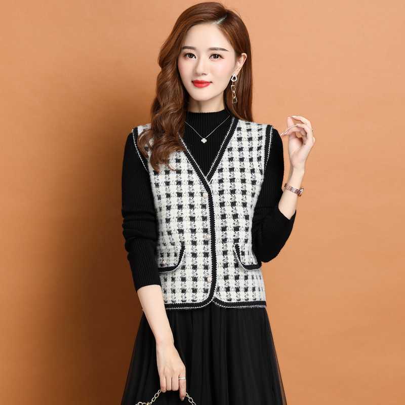 ニットベスト 格子模様パイピングニットベスト