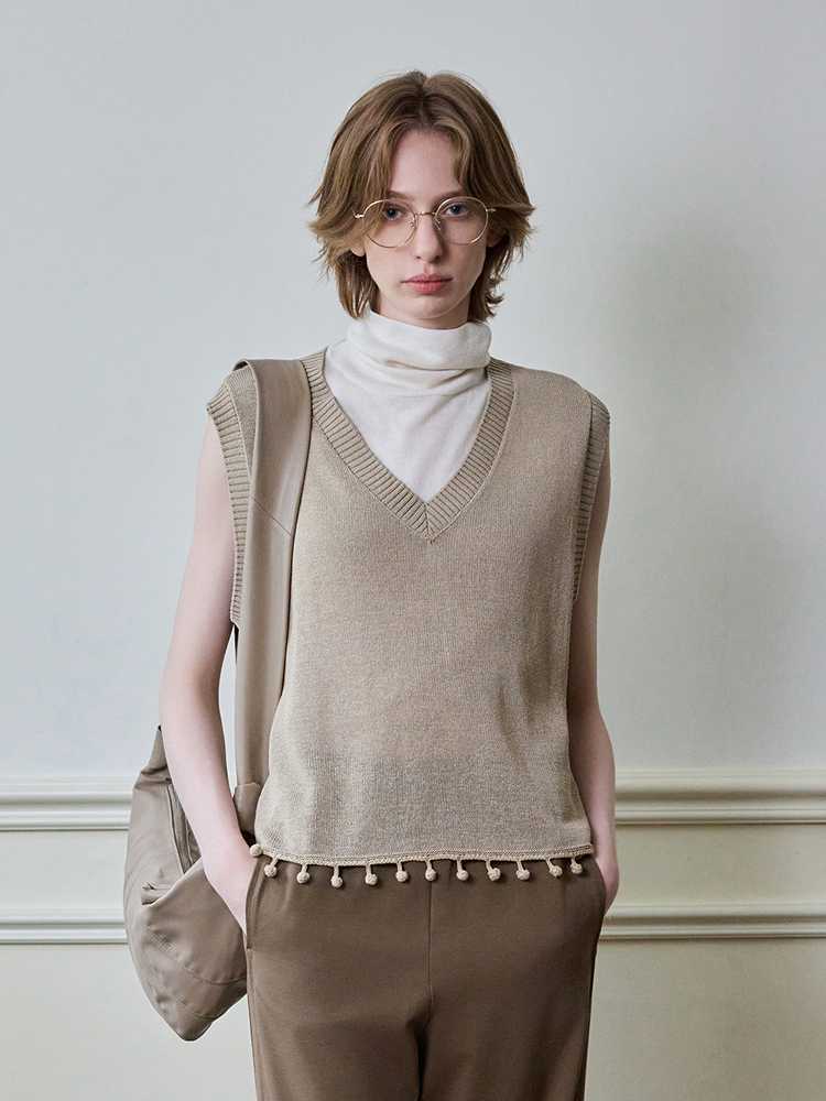 ニットベスト 裾玉飾り深みVネックサマーニットベスト