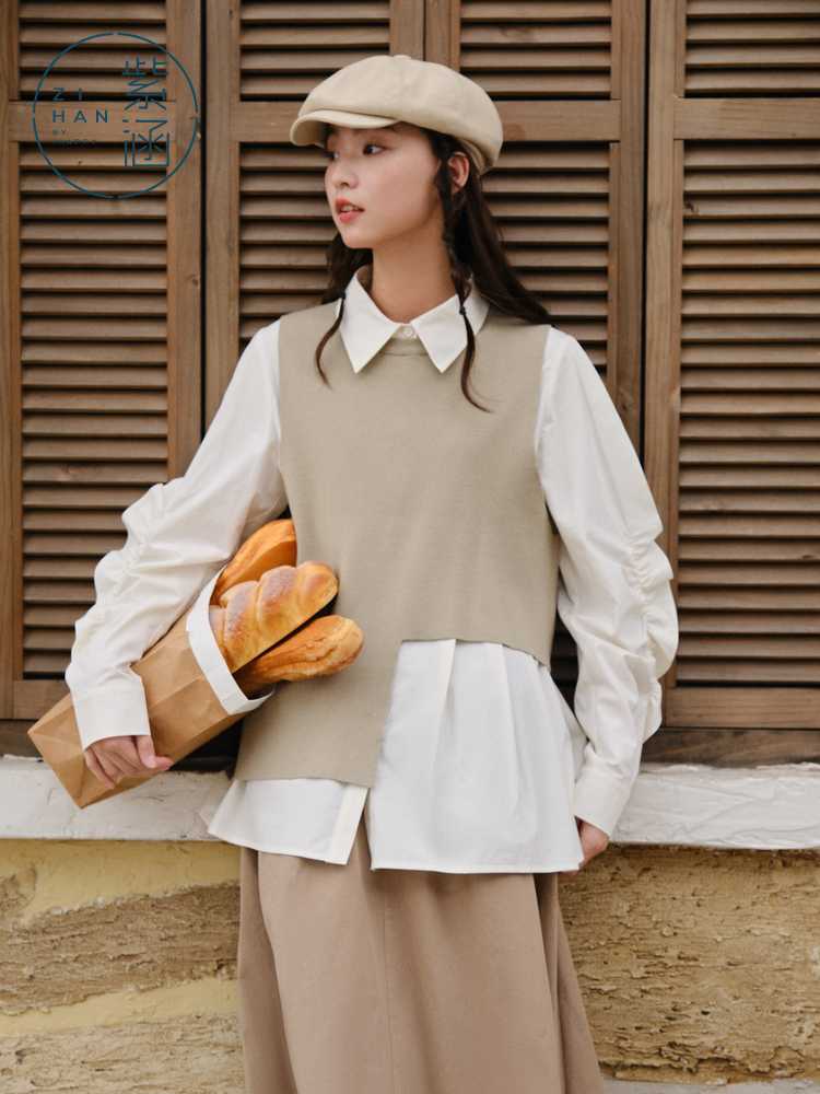 ニットベスト レイヤード風シンプル短丈　アシンメトリーニットベスト