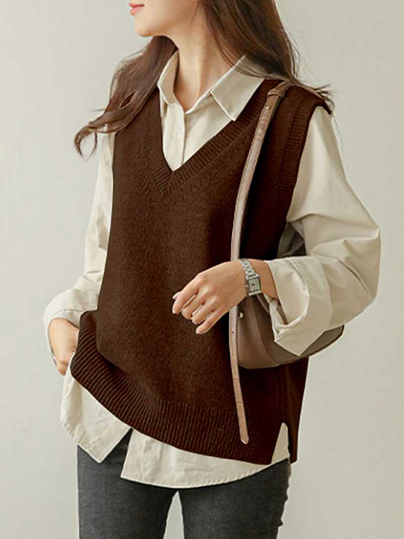 ニットベスト 上質なVネック編み目ベスト
