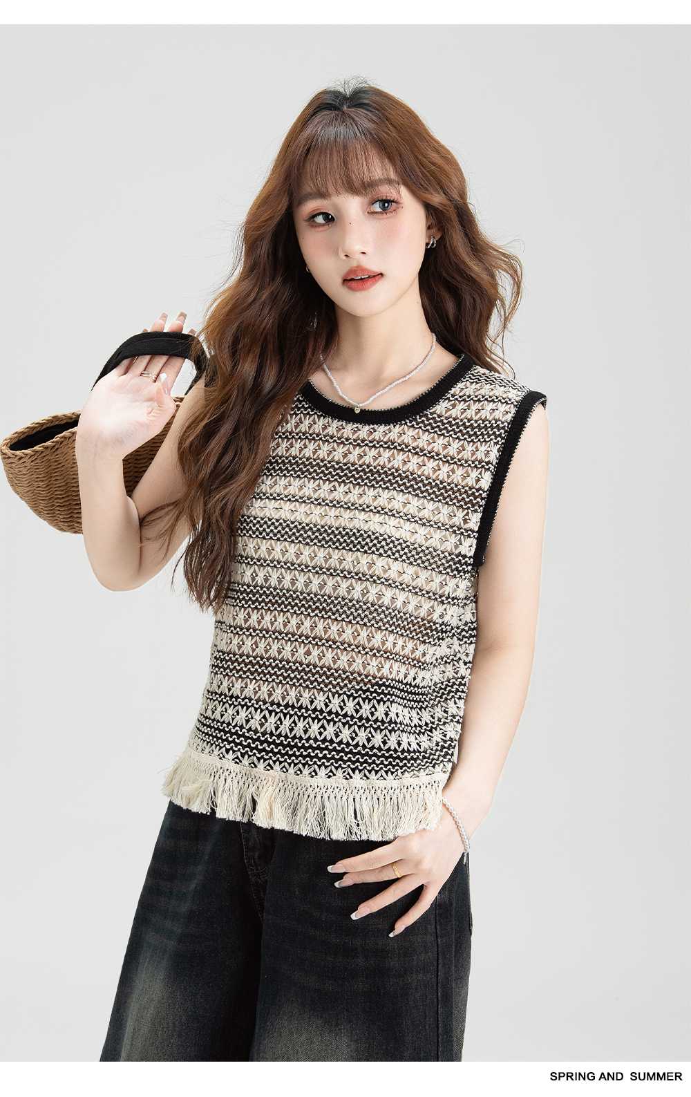 ニットベスト 幾何学模様フリンジニットベスト