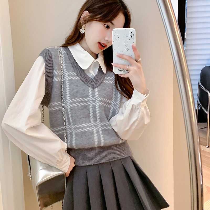 ニットベスト 格子柄ゆったりニットベスト