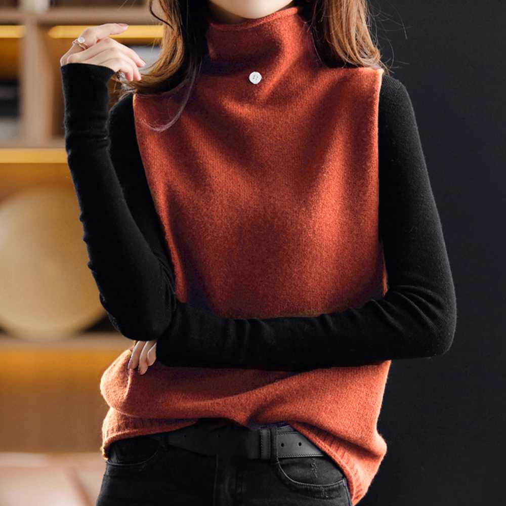 赤色ハイネックニットベスト 上品スタイル