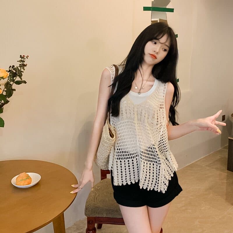 ニットベスト 透かし編みフリンジニットベスト