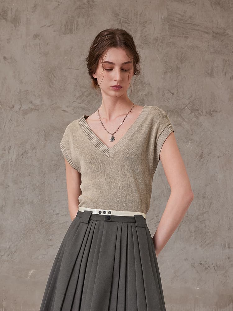 ニットベスト 裾玉飾り深みVネックサマーニットベスト