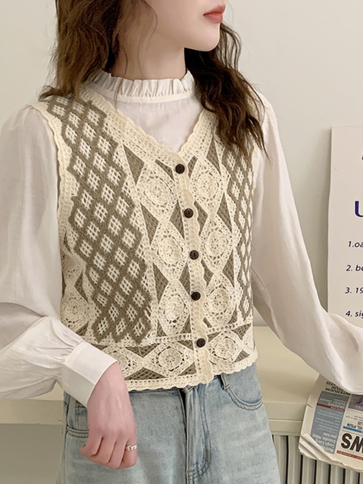 ニットベス 菱形模様のかぎ針編みベスト