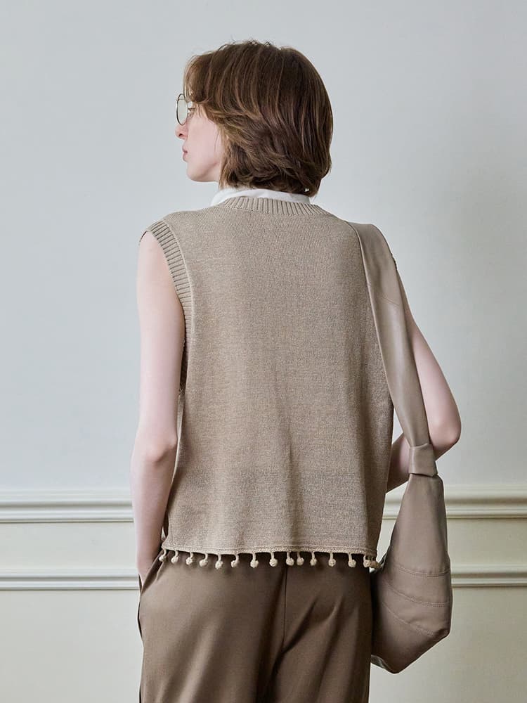 ニットベスト 裾玉飾り深みVネックサマーニットベスト