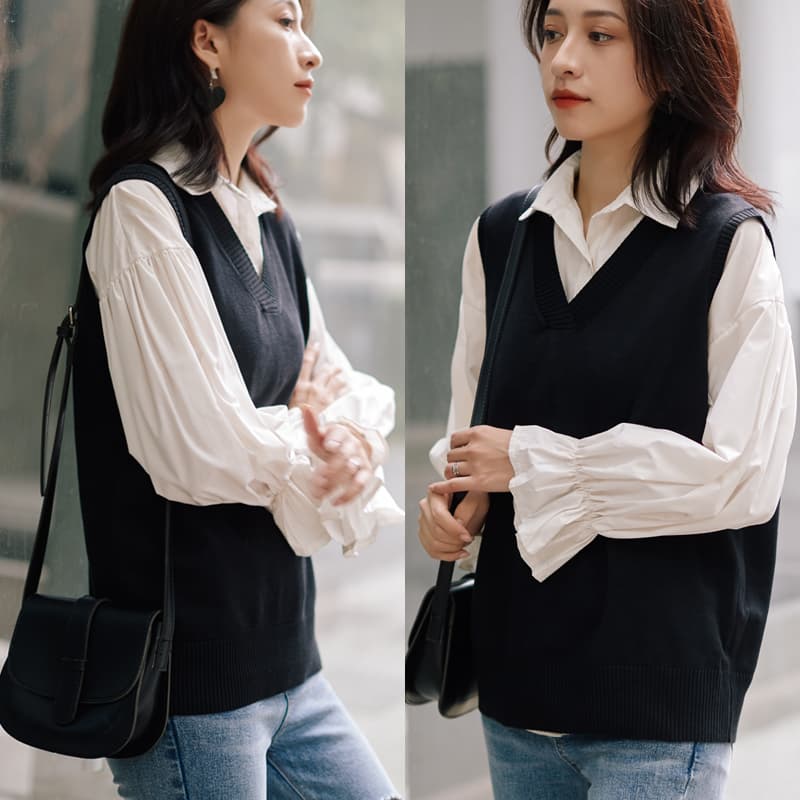 ニットベスト シンプル美学 Vネックベスト