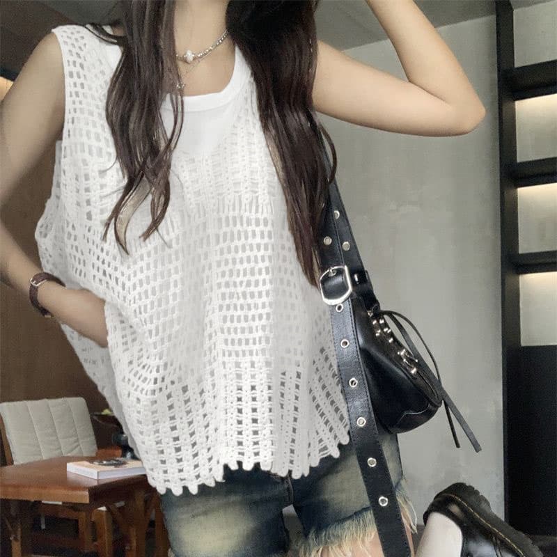 ニットベスト 透かし編みフリンジニットベスト