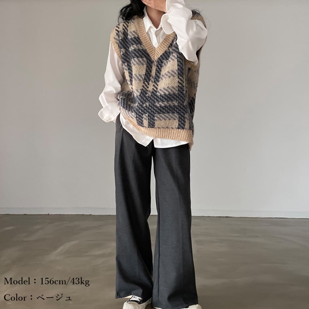 レトロ調チェック柄 黒ニットベスト レディース