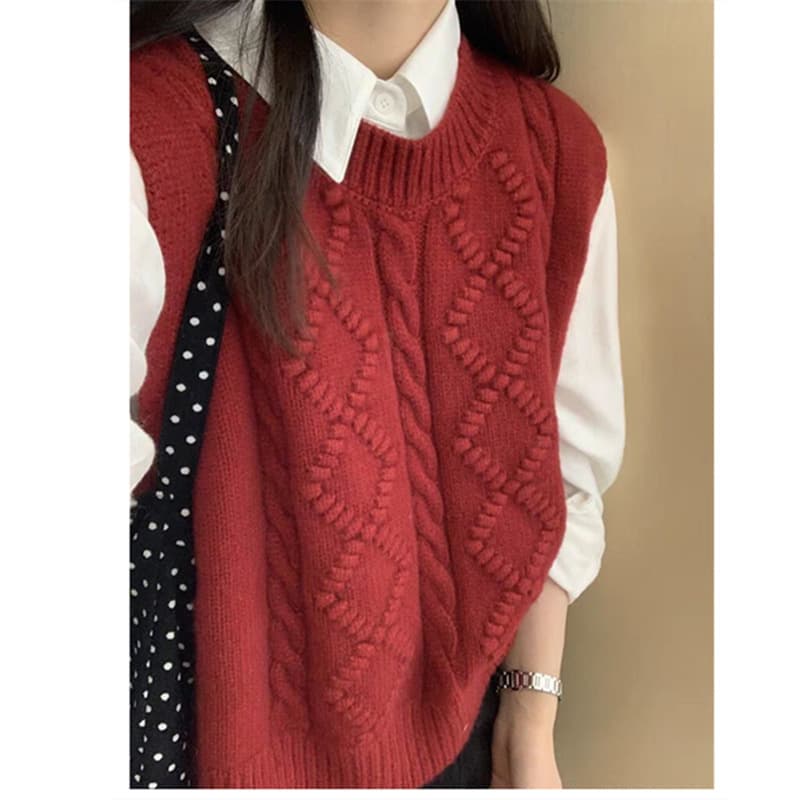 ニットベスト 模様編みケーブルニットベスト