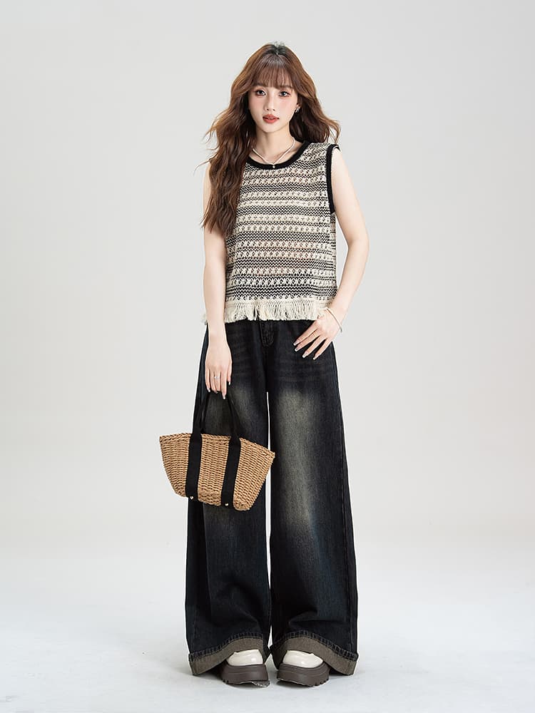 ニットベスト 幾何学模様フリンジニットベスト