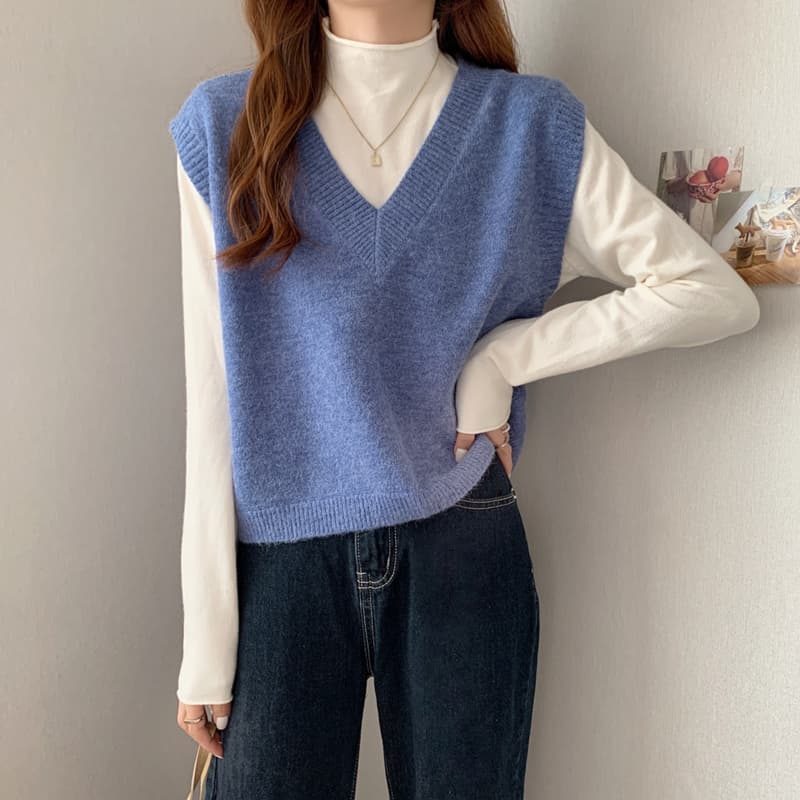 ニットベスト 深みある襟リブ上質ニットベスト