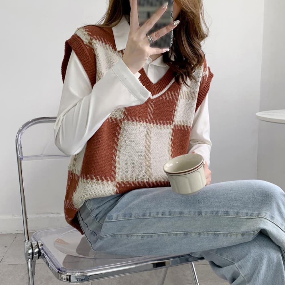 ブラウン チェック柄 Vネック ニットベスト