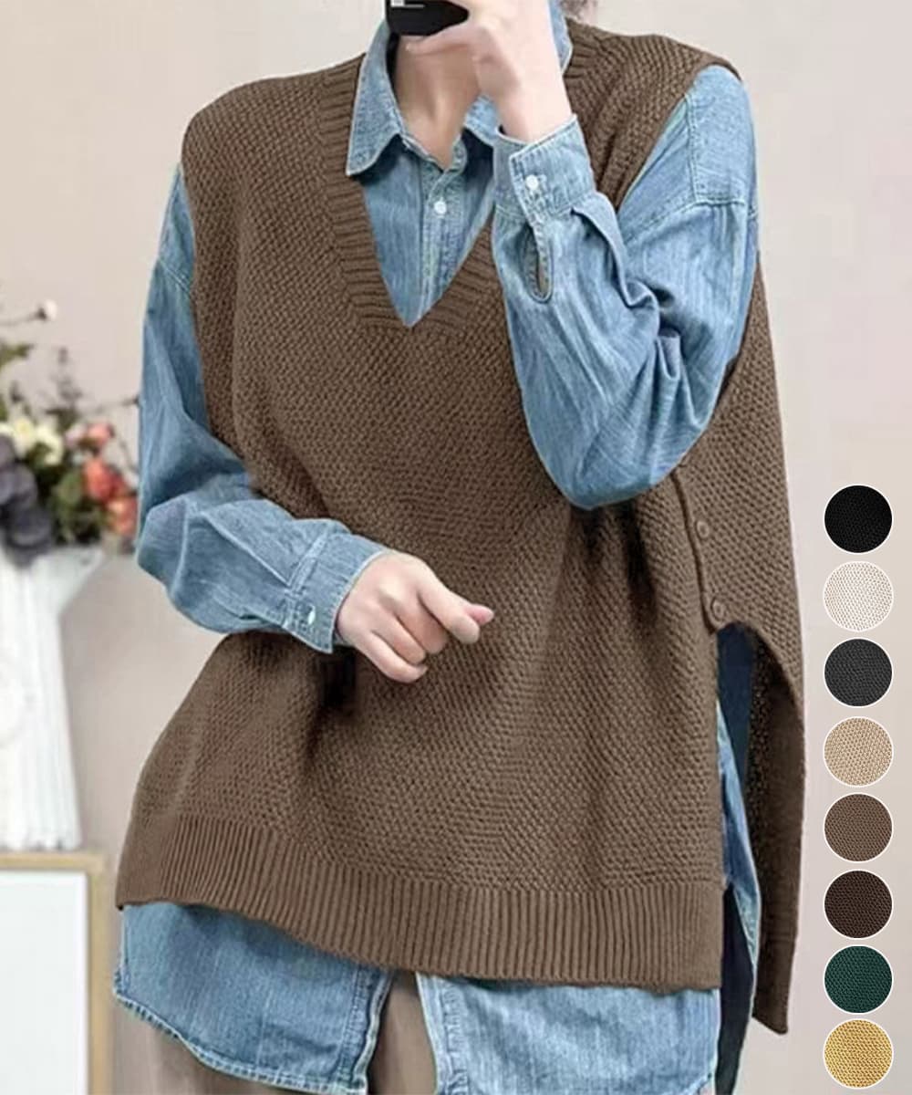 ブラウン ゆったりニットベスト サイドスリット入り