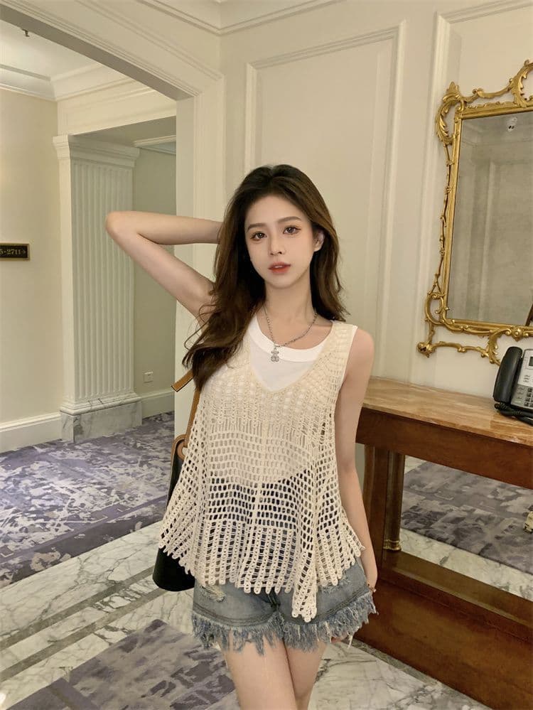 ニットベスト 透かし編みフリンジニットベスト