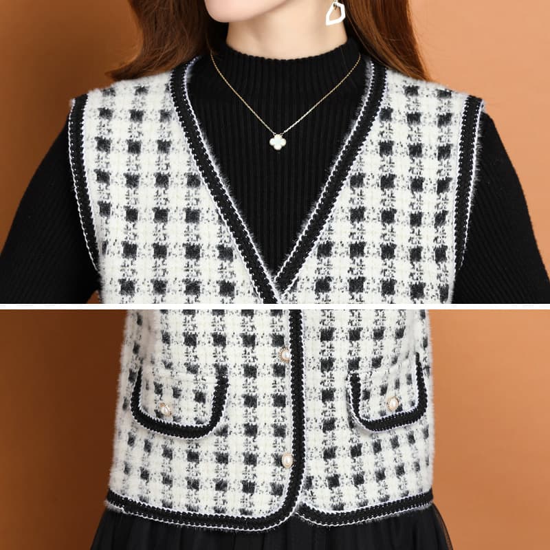 ニットベスト 格子模様パイピングニットベスト