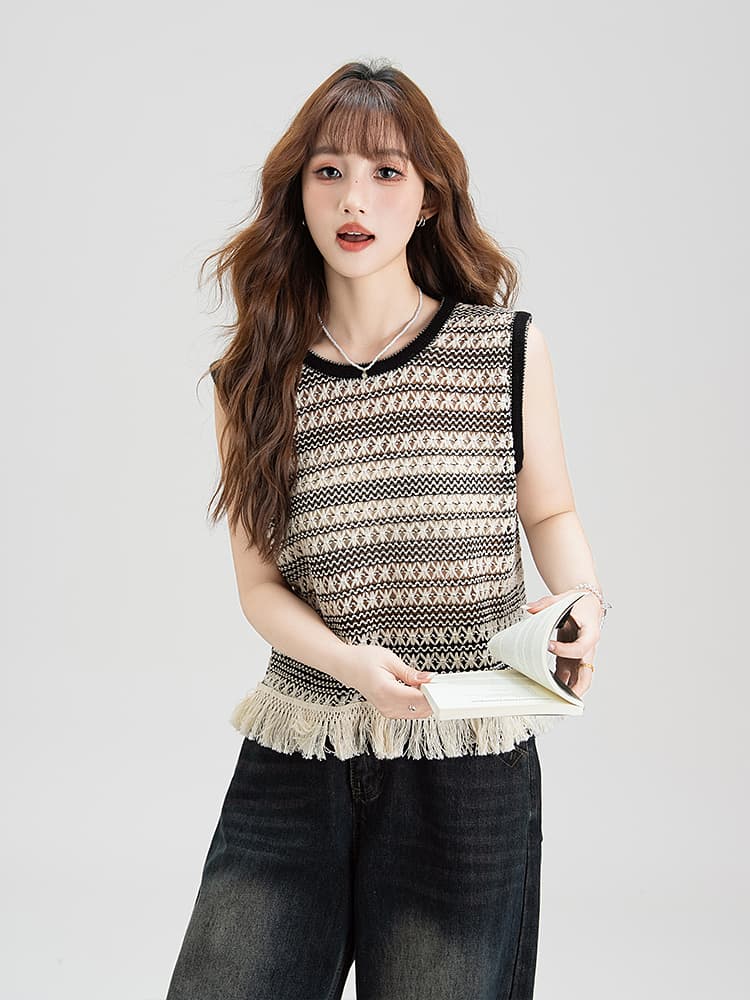 ニットベスト 幾何学模様フリンジニットベスト