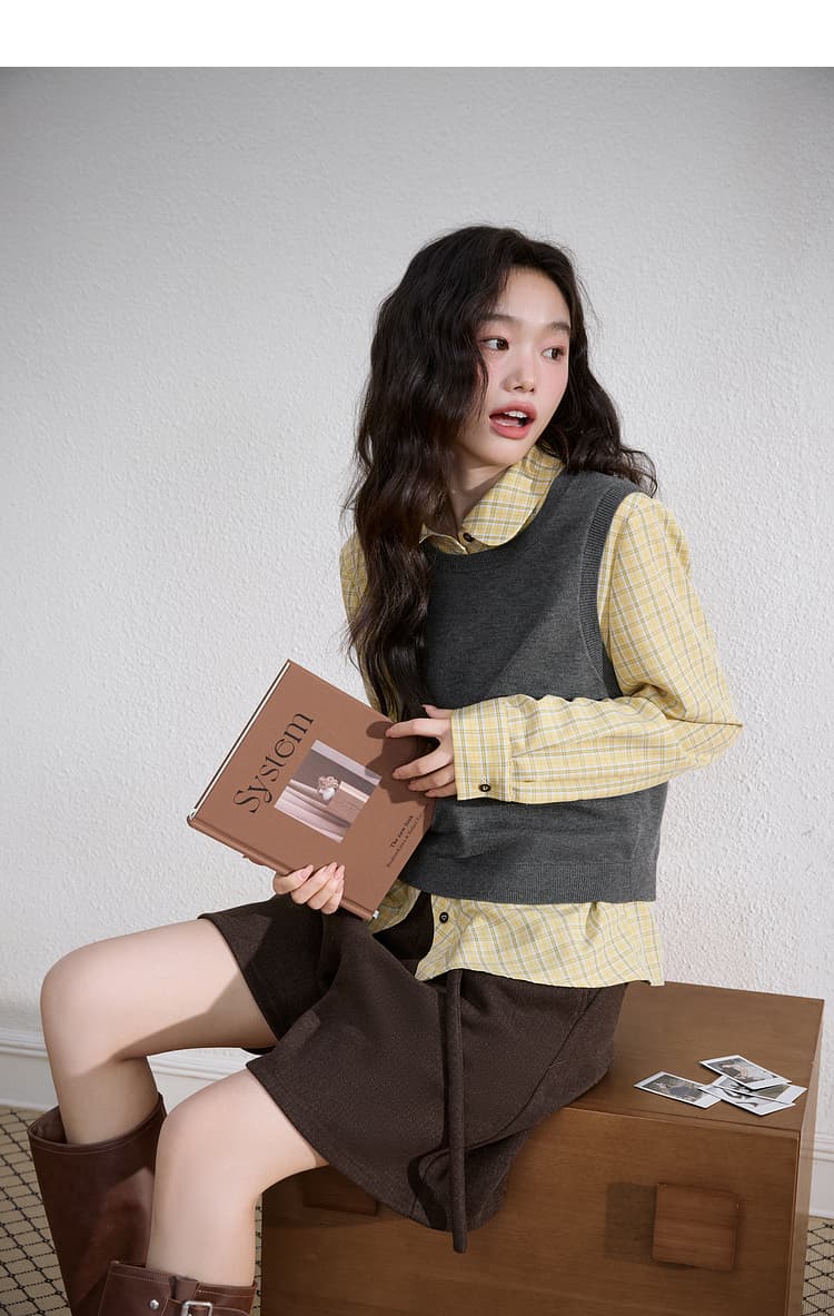 ニットベスト 学院風レイヤード風袖なしニット