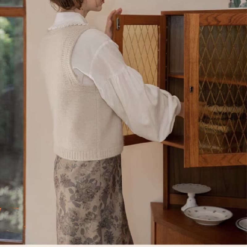 白ニットベスト ケーブル編み レディース 重ね着 ジレ
