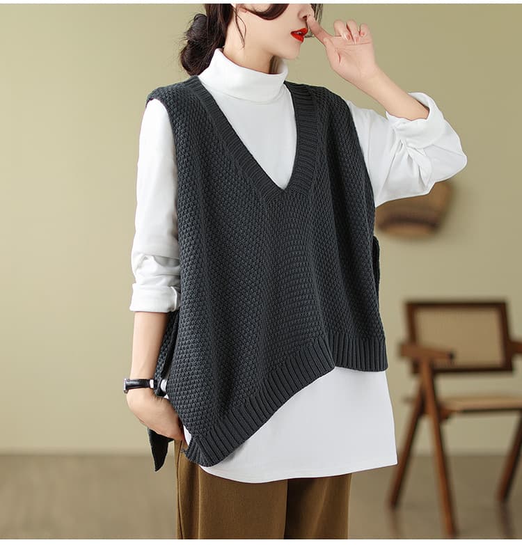グレー系ニットベスト レディース アシンメトリー前開きジレ