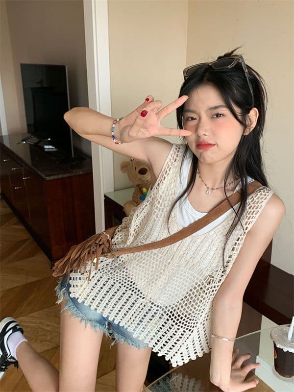 ニットベスト 透かし編みフリンジニットベスト