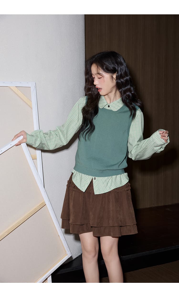 ニットベスト 学院風レイヤード風袖なしニット