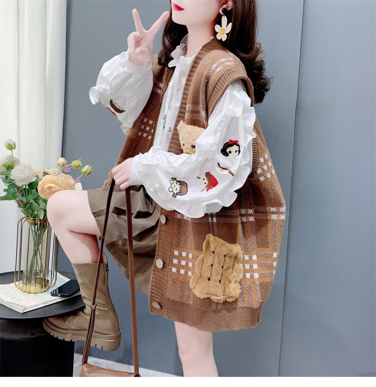 ニットベスト ふわもこポケット付きチェック柄ベスト