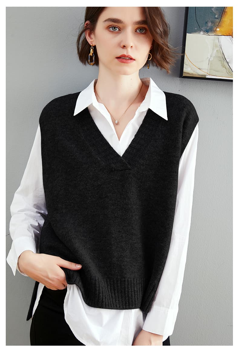 ニットベスト シンプル深Vネックベスト