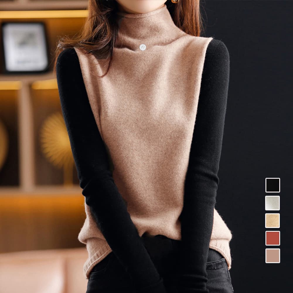 赤色ハイネックニットベスト 上品スタイル