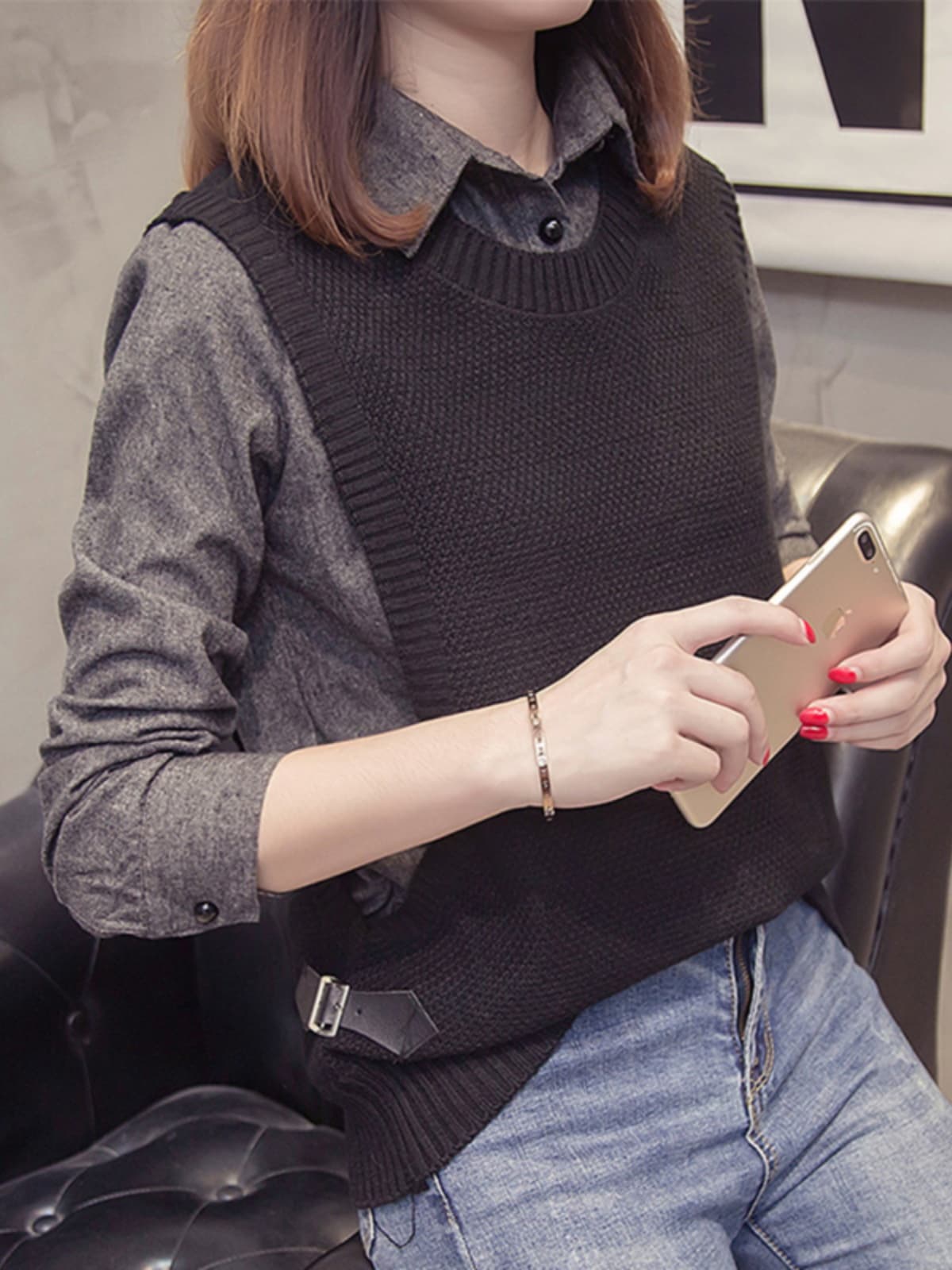 ニットベスト 重ね着風長袖付きニットベスト