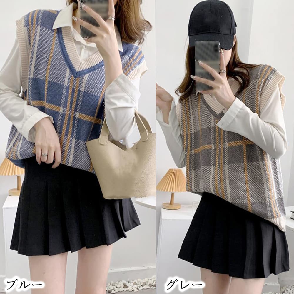 グレーチェック柄Vネックニットベスト