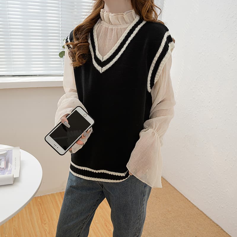 学生風フリル襟レイヤードニットベスト