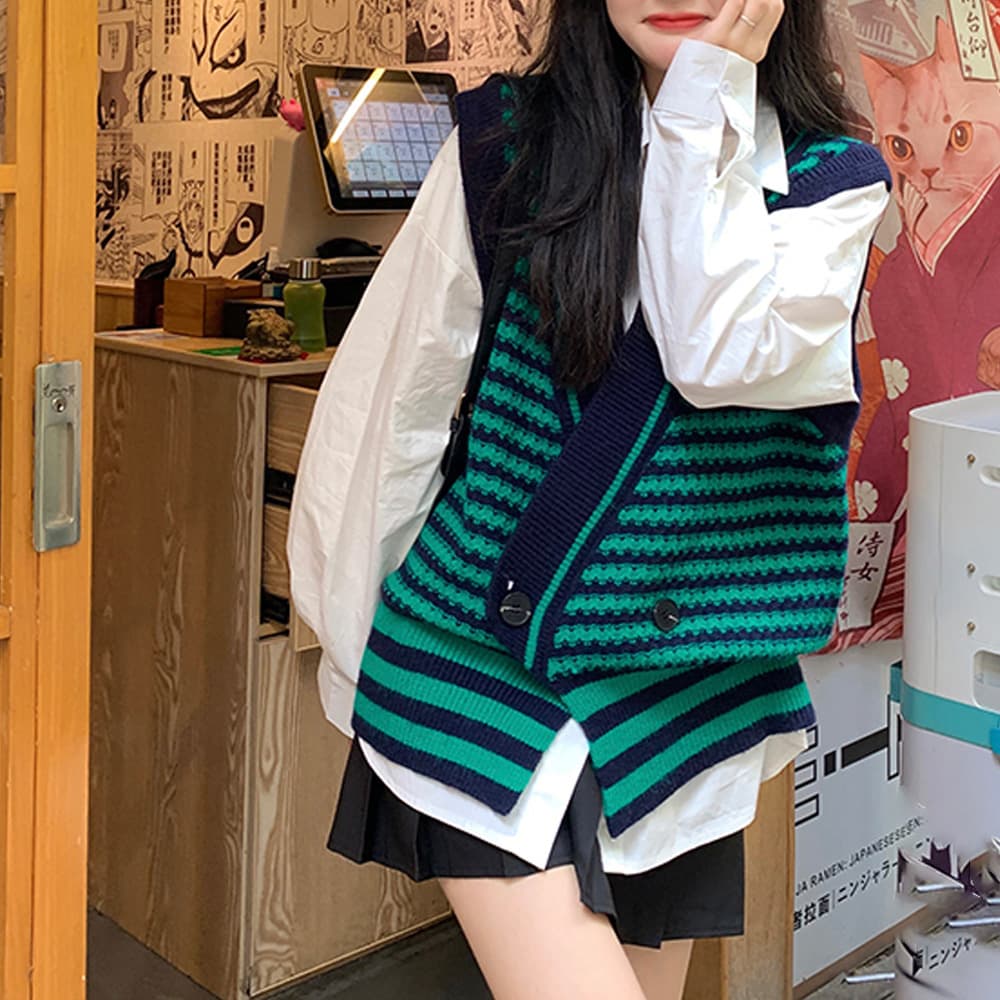 ニットベスト 黒白ボーダー柄 Vネックニットジレ 秋冬重ね着