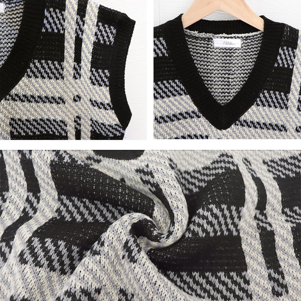 レトロ調チェック柄 黒ニットベスト レディース