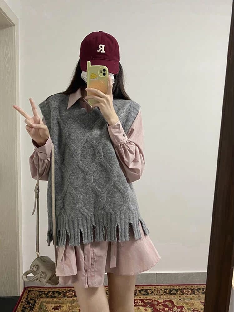 ニットベスト フリンジ裾 菱模様　ニットベスト＆ワンピースセット