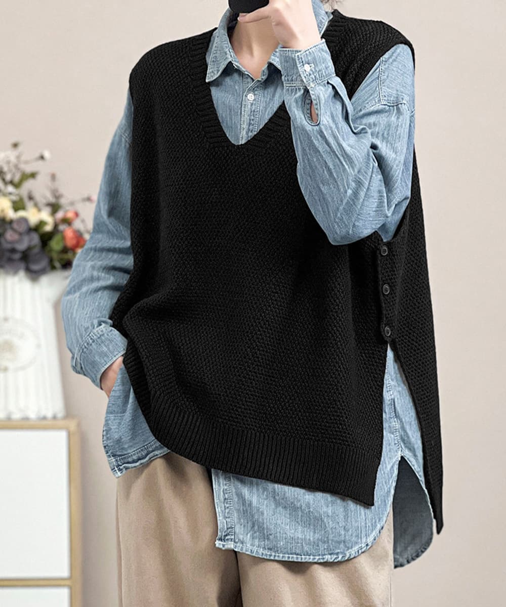 ブラウン ゆったりニットベスト サイドスリット入り