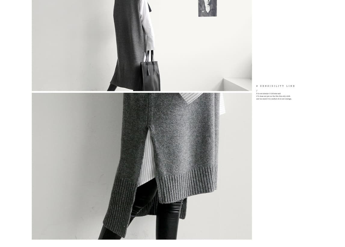 グレー ブイネック ロング ニットベスト チュニック 通勤 日常使い