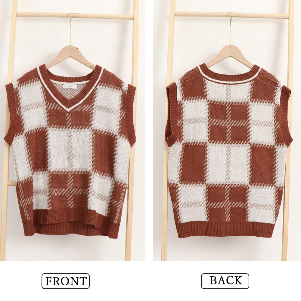 ブラウン チェック柄 Vネック ニットベスト