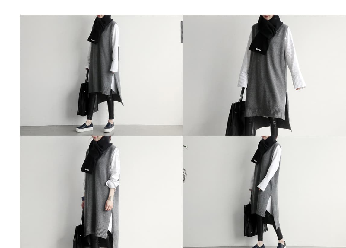 グレー ブイネック ロング ニットベスト チュニック 通勤 日常使い