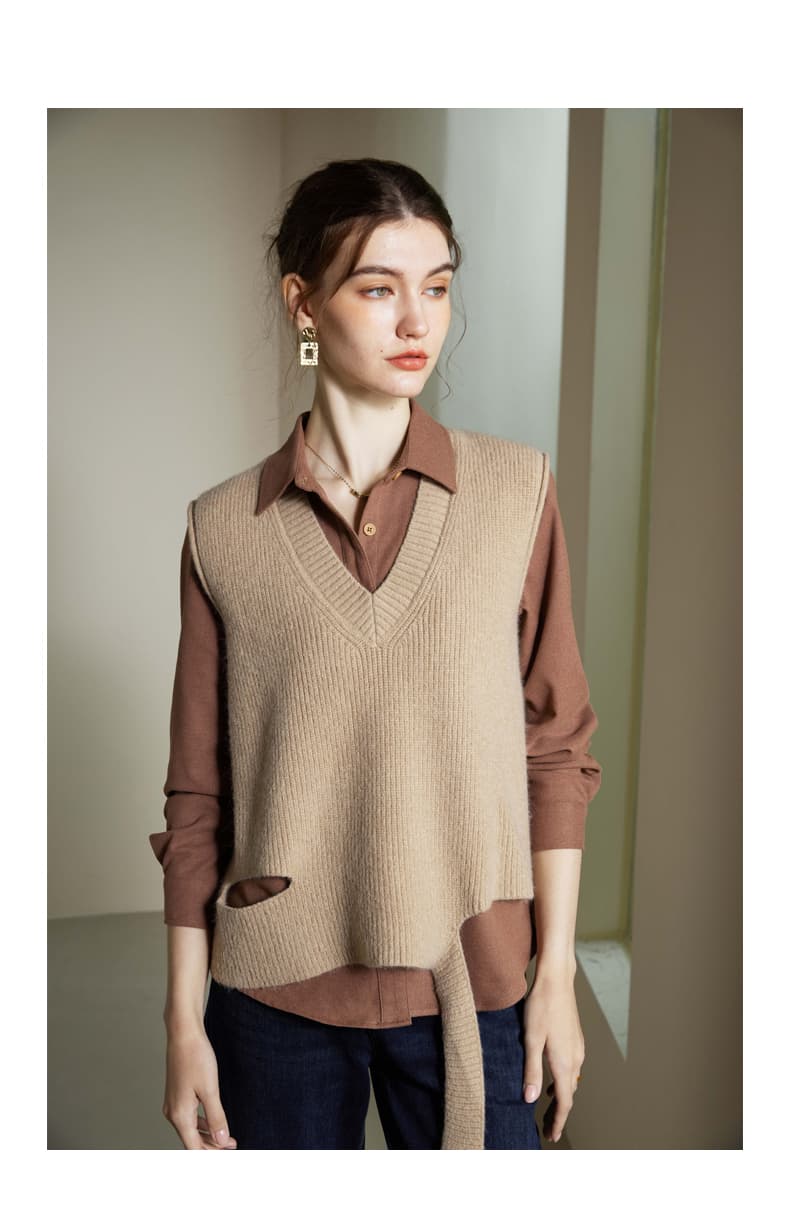 ニットベスト 前後差のある裾デザインリブニット