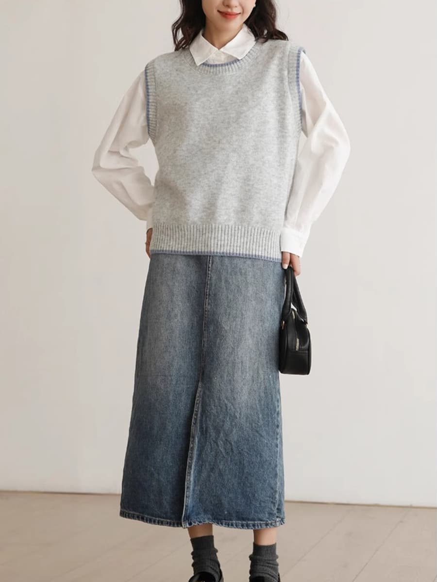 シンプル重ね着風ニットベスト