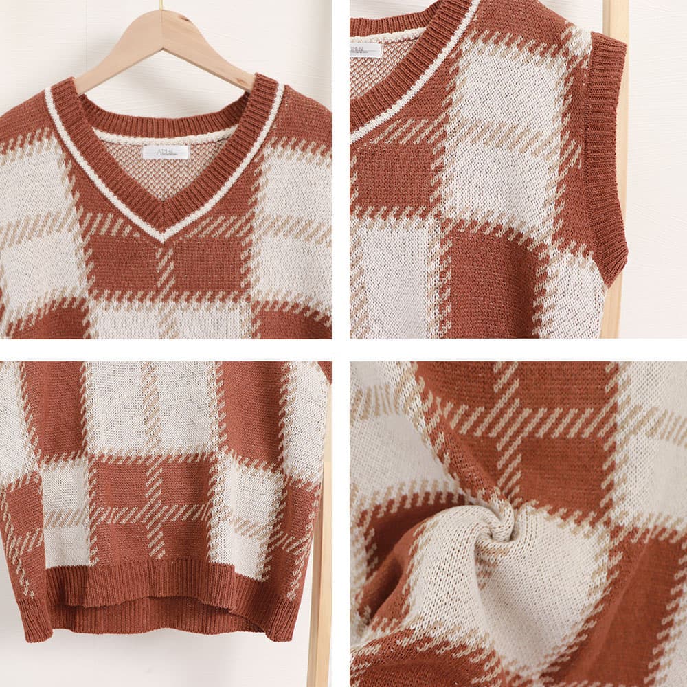 ブラウン チェック柄 Vネック ニットベスト